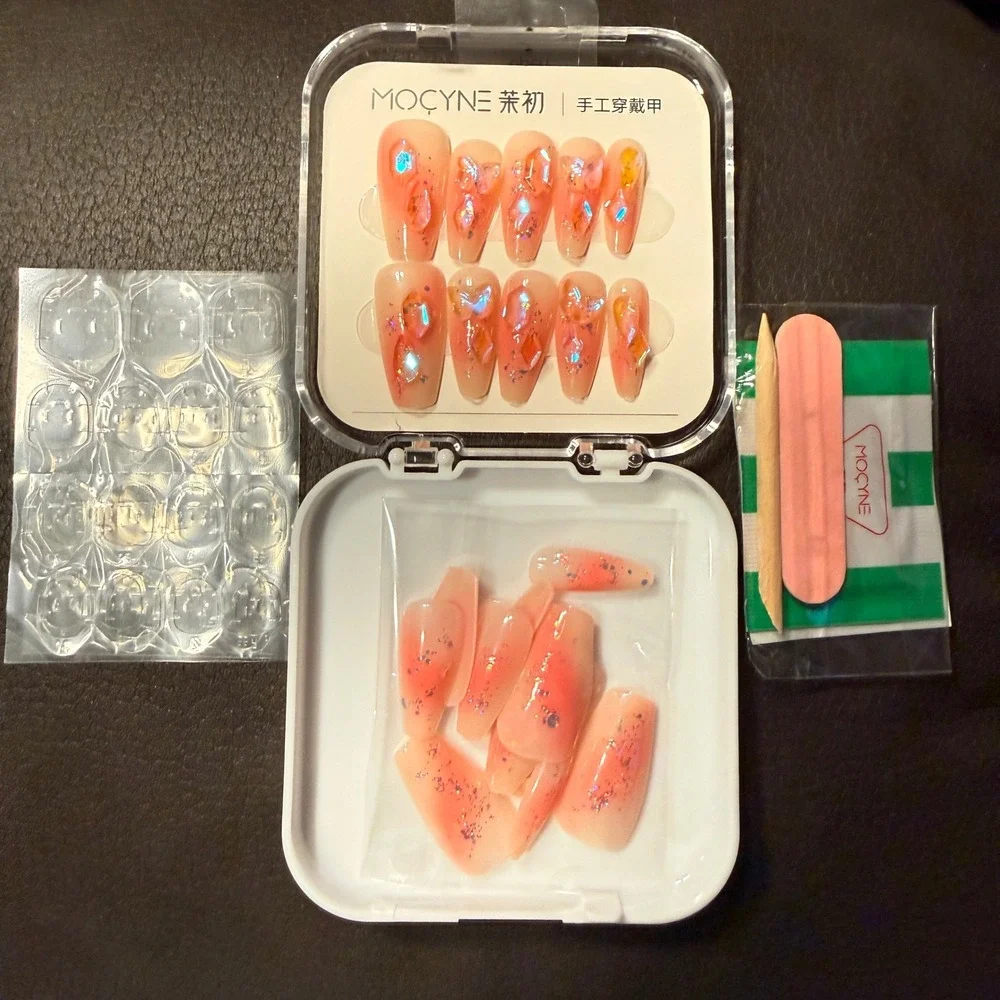 Mocyne 24pc Press On Nails NEW 3D Butterfly Crystal Peach Pink Long Coffin